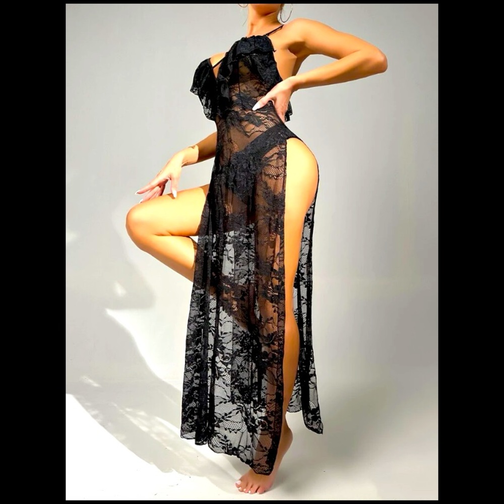 New Black Bodycon Lace Ruffle Sheer Cover Up Dress S